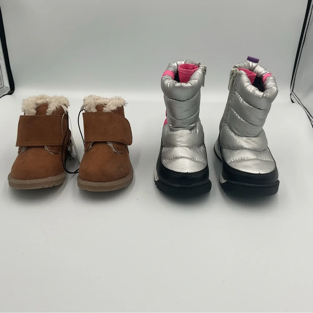 Lot x2 Wonder Nation Puffy Silver Winter Snow Boots Falls Creek Brown Fur Sz 5/6